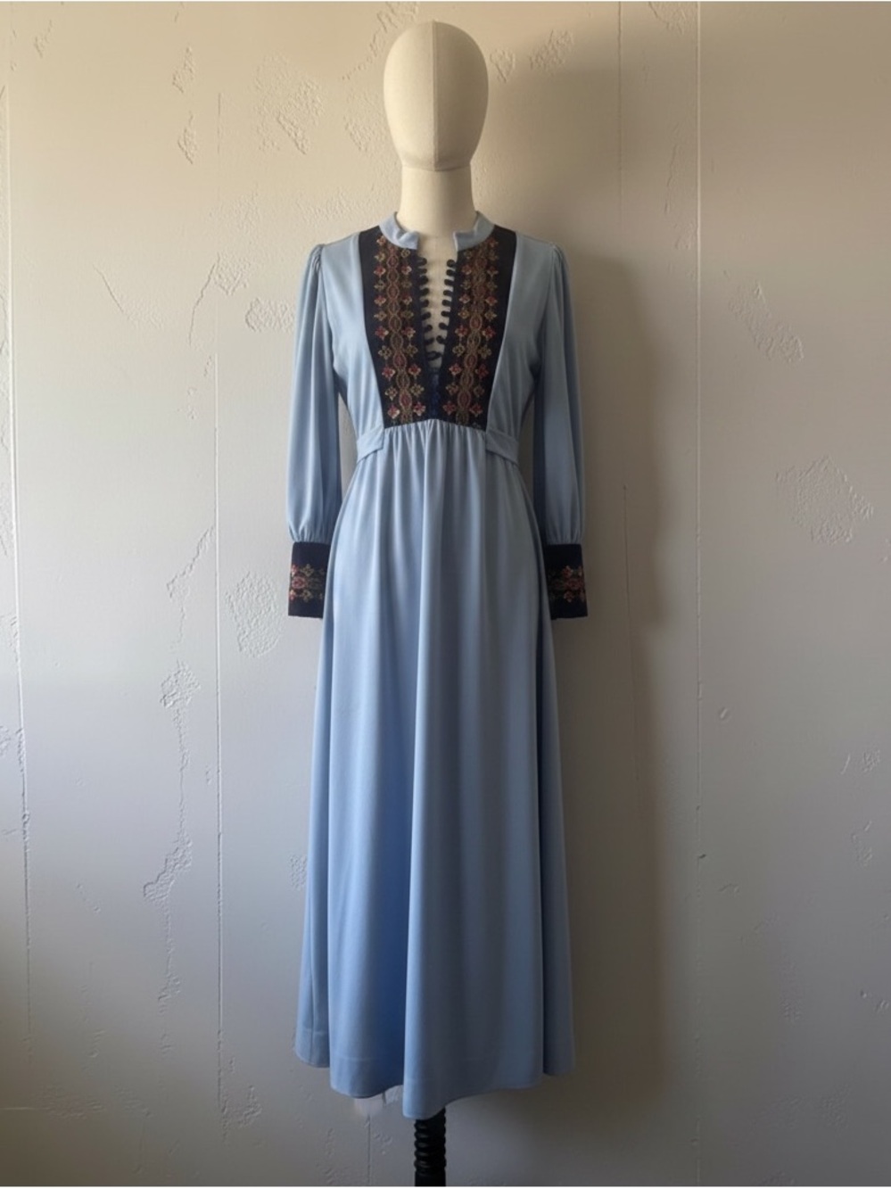 Gorgeous Authentic Vintage 70’s Nordic Style Embroidered Velvet Maxi Dress